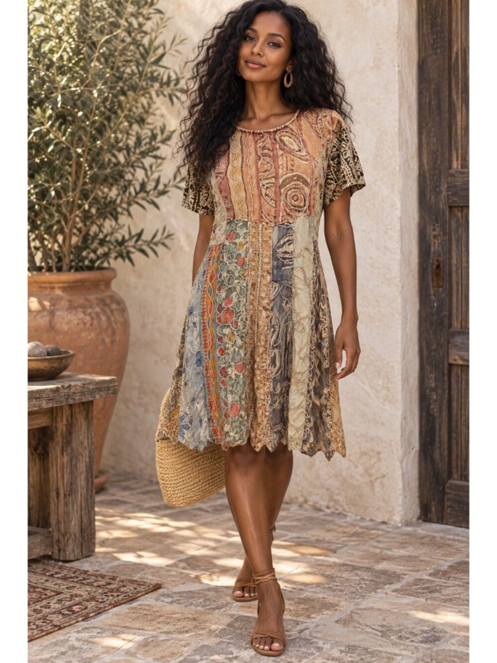 Sacred Threads M/L Patchwork Rayon Midi Dress Embroidered Boho Art to Wear
